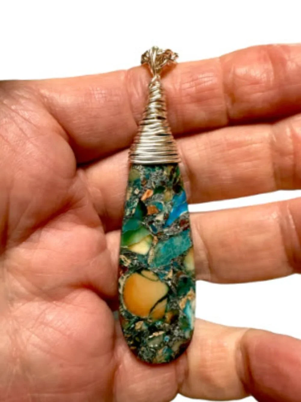 Ocean Blue Impressions Jasper Necklace Pyrite Wire Wrapped Pendant Handmade